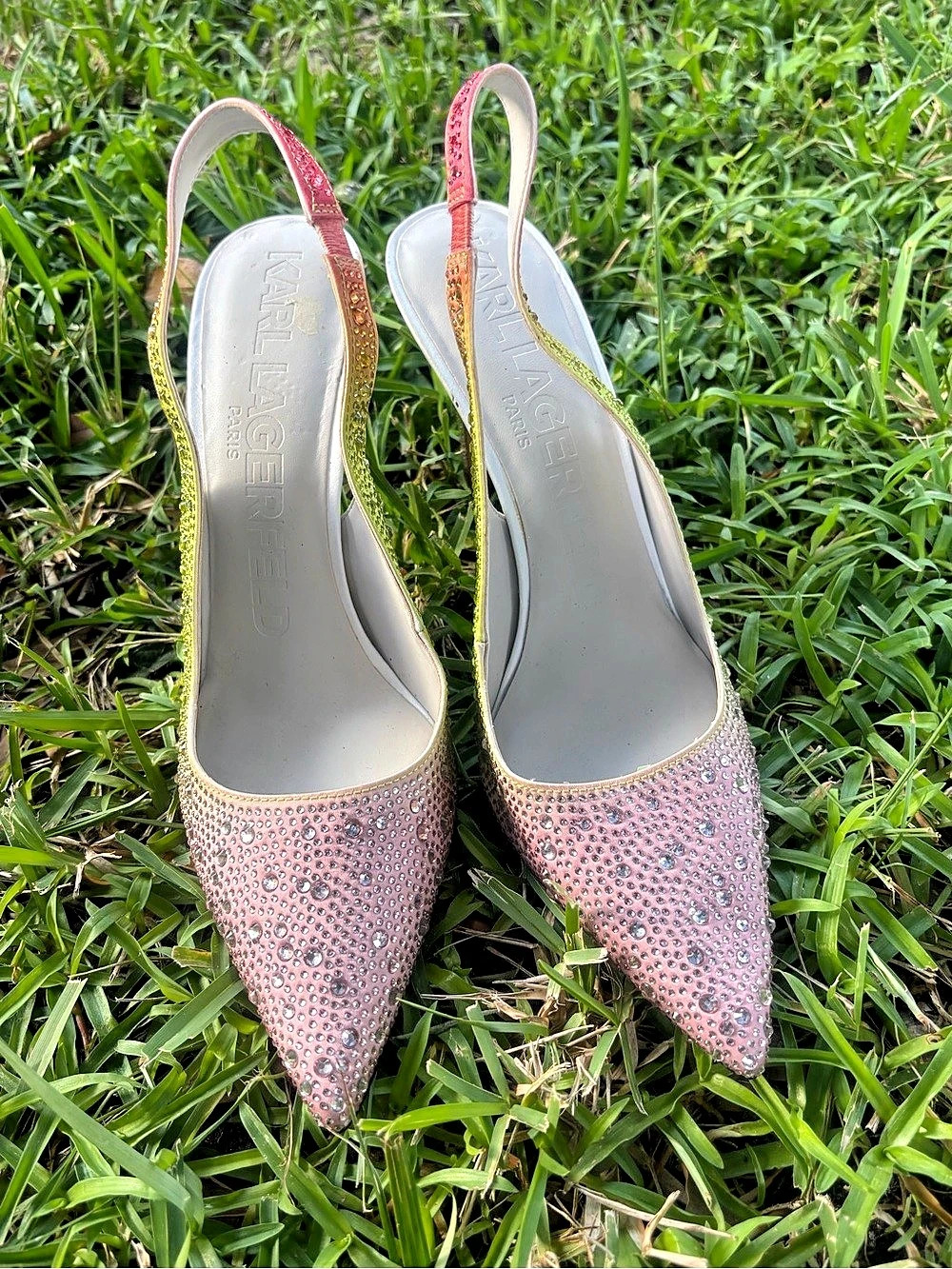 Karl Lagerfeld Womenβs Size 9.5 Rhinestone Slingback 4βHeels in Pink & Green